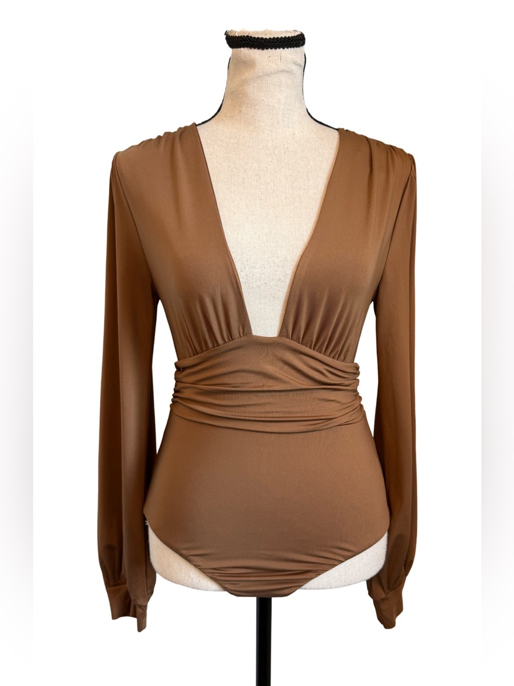 Princess Polly Brown Ruched Deep V Long Sleeve Bodysuit Size 4 Y2K Style
